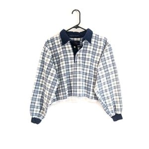 Vtg 90s Blue Plaid Cropped Oversized Polo Tee